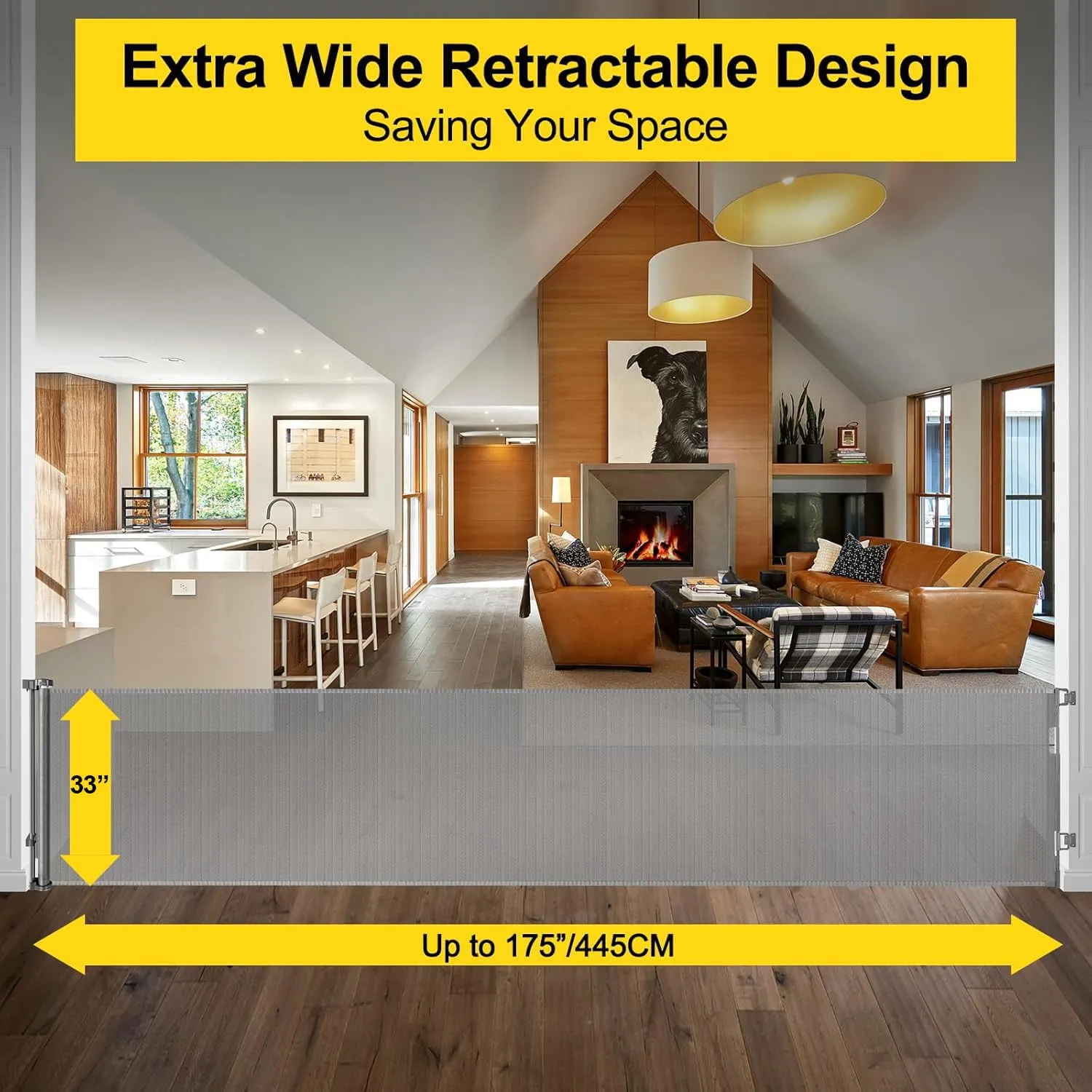 175 Inch Extra Wide Retractable Dog Gates 33" Tall Retractable Baby Gates for Wide Openings Extra Long Mesh Baby Gate Super Wide Gate for Kids or Pets Extra Large Dog Gate for Indoor Outdoor (Grey)