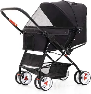 4 Wheel Dog Strollers for Medium Small Dogs Cat/Dog Stroller Easy One-Hand Fold Reversible Push Handle Pet Stroller Puppy & Kitten Carrier Extended Cockpit (Black)