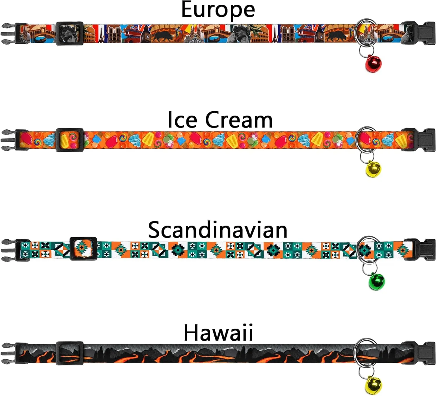 4PCS Breakaway Cat Collars with Bell, Cute Kitty Adjustable Safe Kitten Collars, 4-Pack, Nylon Pet Collars Travel Aztec Ice Cream Europe Print (Colorful)