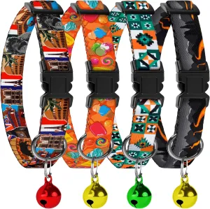 4PCS Breakaway Cat Collars with Bell, Cute Kitty Adjustable Safe Kitten Collars, 4-Pack, Nylon Pet Collars Travel Aztec Ice Cream Europe Print (Colorful)