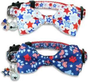 4th of July Cat Bow Tie Collar with Bell, 2-Pack with American Stars and Pariotic Paws Pattern, Independence Day Patriotic USA Flag Collars for Boys, Girls, Male, Female Kitties and Kittens