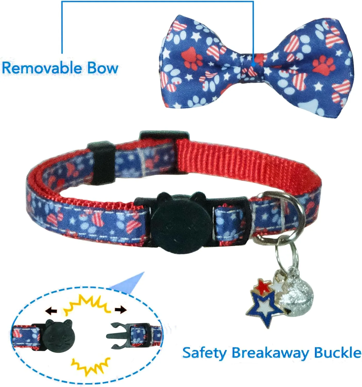 4th of July Cat Bow Tie Collar with Bell, 2-Pack with American Stars and Pariotic Paws Pattern, Independence Day Patriotic USA Flag Collars for Boys, Girls, Male, Female Kitties and Kittens