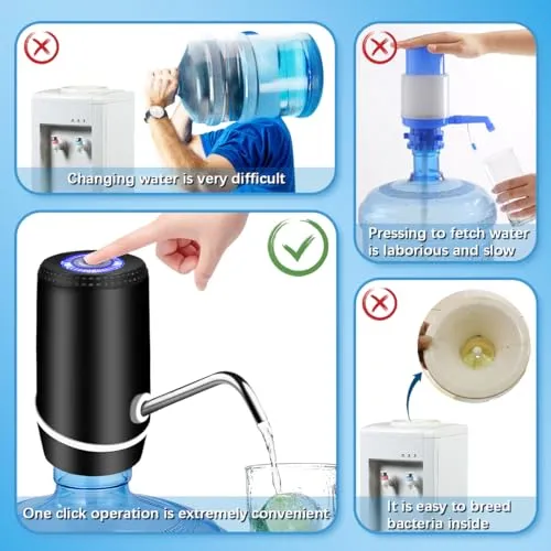5 Gallon Water Dispenser, Electric Water Bottle Pump with Switch and USB Charging, Portable Automatic Water Dispenser Pump for Camping, Travel, Home, Kitchen, Office