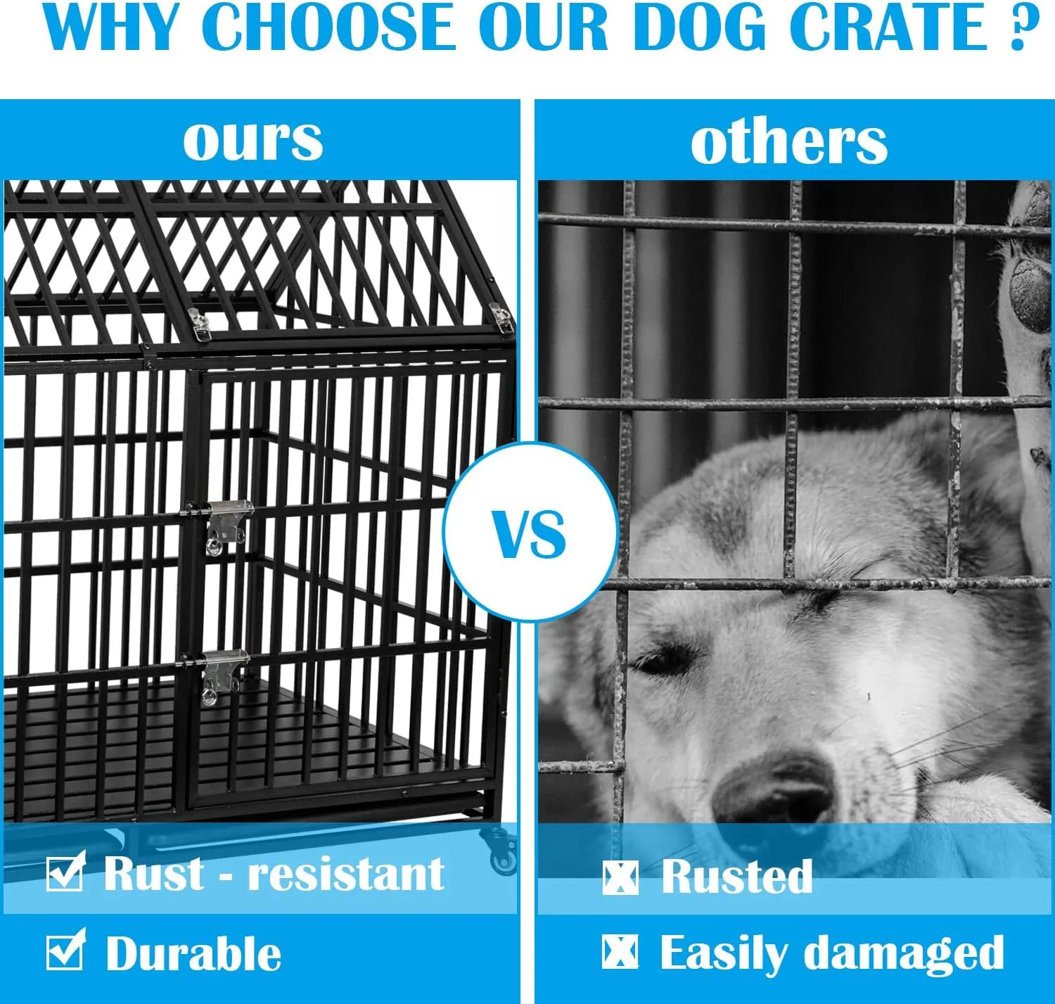 50'' Indestructible Heavy Duty Dog Crate, Escape Proof Strong Steel Impact Pet Cage for Extra Large Giant Dogs, High Anxiety Sound Proof Chewproof Kennel Double Door with Trays and Wheels