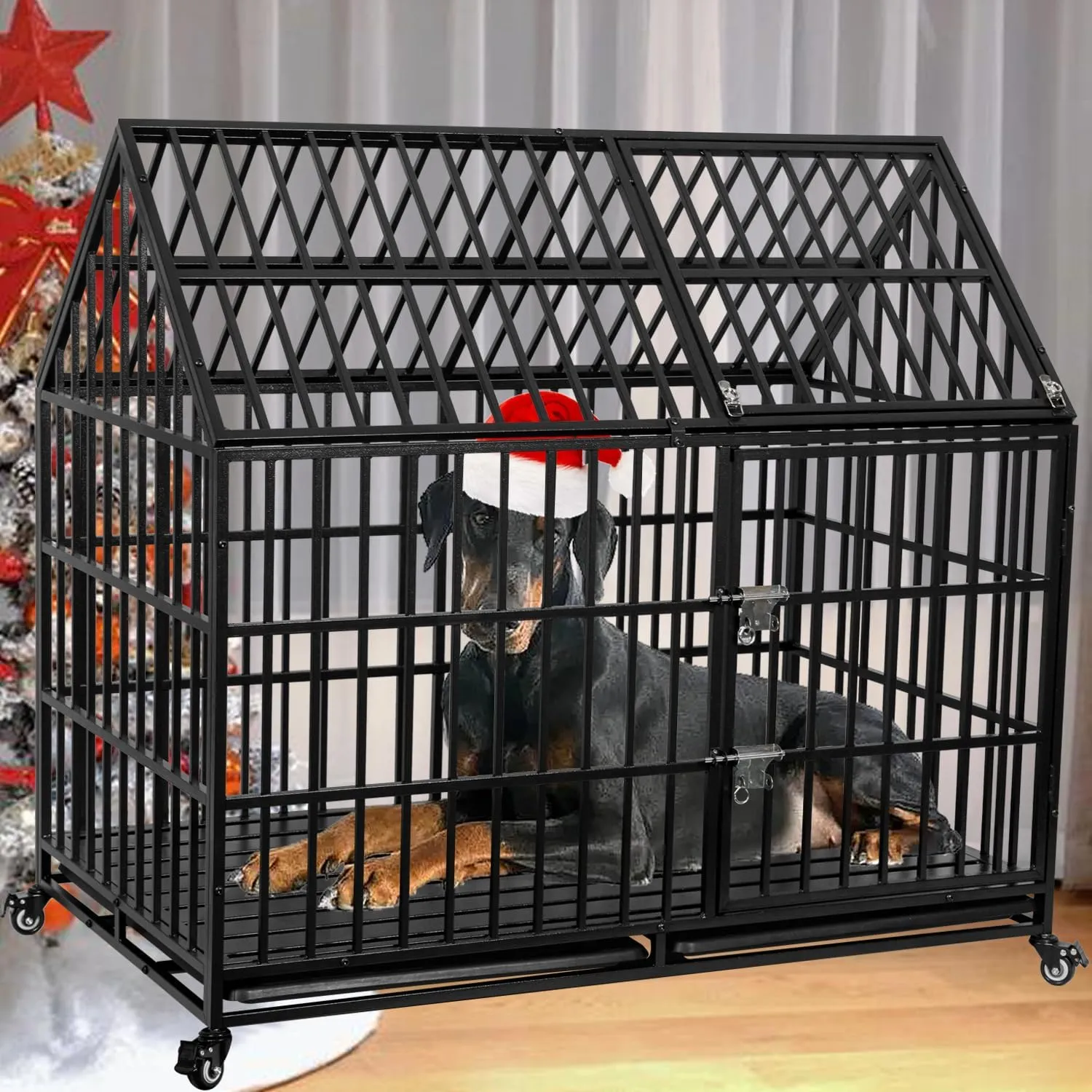 50'' Indestructible Heavy Duty Dog Crate, Escape Proof Strong Steel Impact Pet Cage for Extra Large Giant Dogs, High Anxiety Sound Proof Chewproof Kennel Double Door with Trays and Wheels