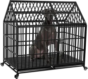 50'' Indestructible Heavy Duty Dog Crate, Escape Proof Strong Steel Impact Pet Cage for Extra Large Giant Dogs, High Anxiety Sound Proof Chewproof Kennel Double Door with Trays and Wheels