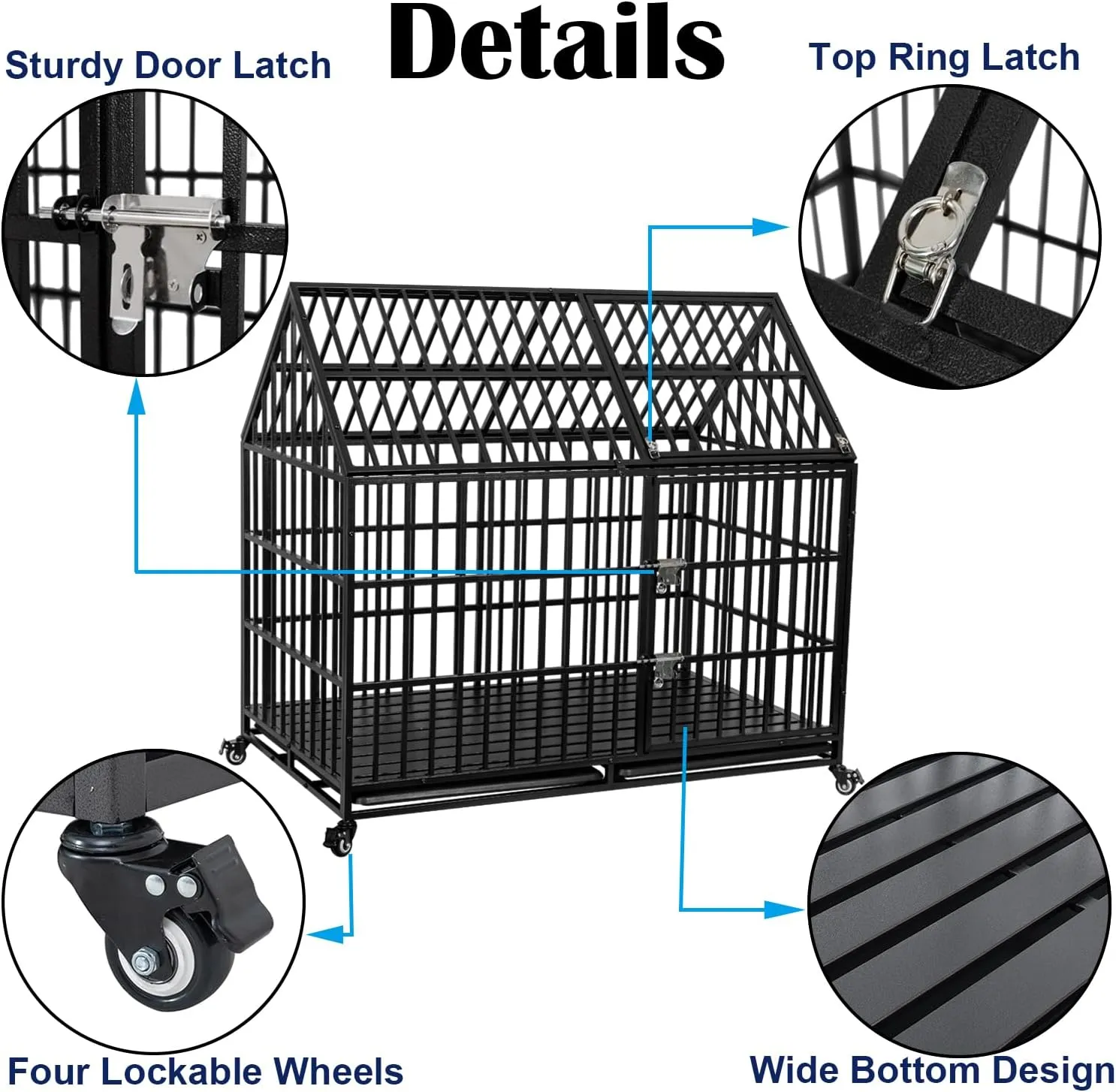 50'' Indestructible Heavy Duty Dog Crate, Escape Proof Strong Steel Impact Pet Cage for Extra Large Giant Dogs, High Anxiety Sound Proof Chewproof Kennel Double Door with Trays and Wheels