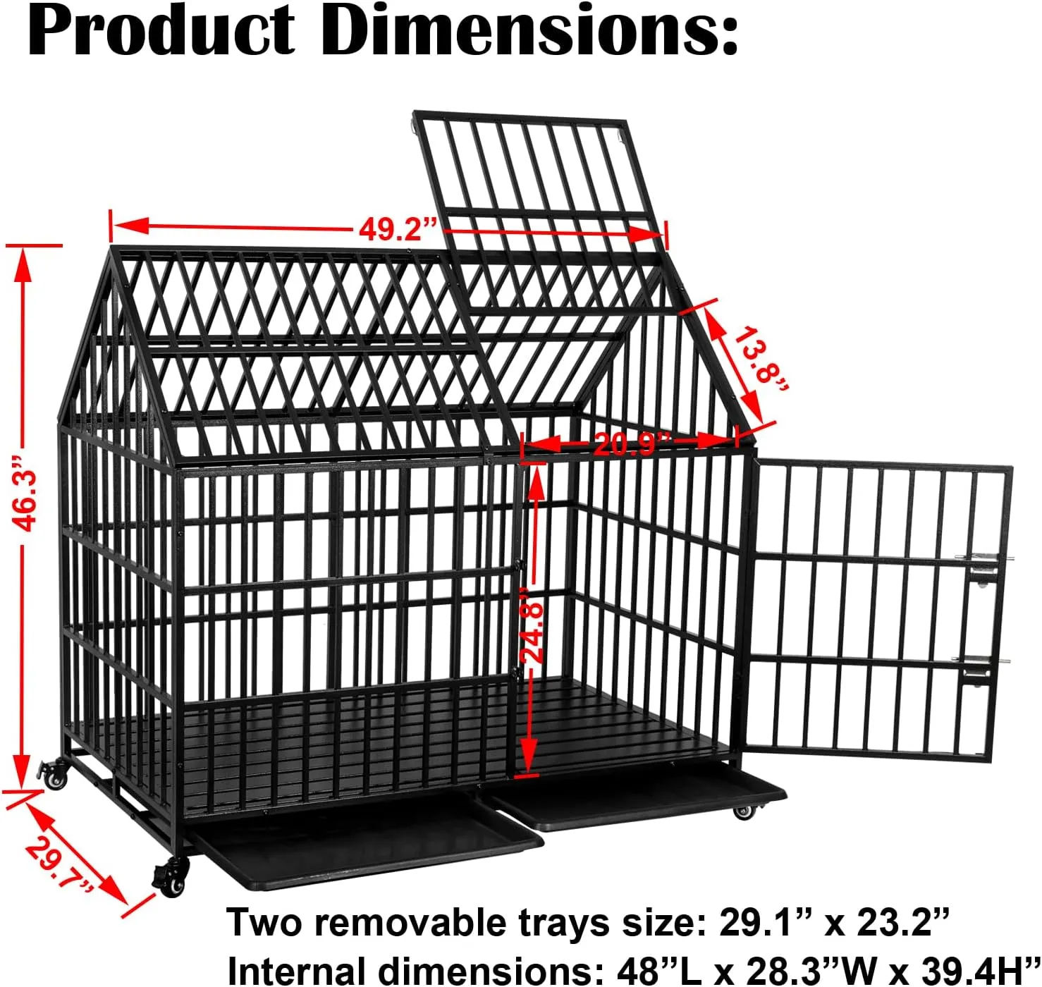 50'' Indestructible Heavy Duty Dog Crate, Escape Proof Strong Steel Impact Pet Cage for Extra Large Giant Dogs, High Anxiety Sound Proof Chewproof Kennel Double Door with Trays and Wheels
