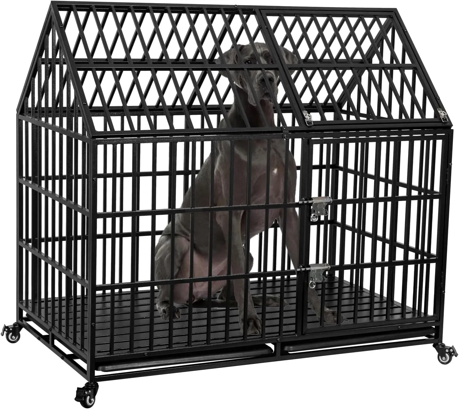 50'' Indestructible Heavy Duty Dog Crate, Escape Proof Strong Steel Impact Pet Cage for Extra Large Giant Dogs, High Anxiety Sound Proof Chewproof Kennel Double Door with Trays and Wheels