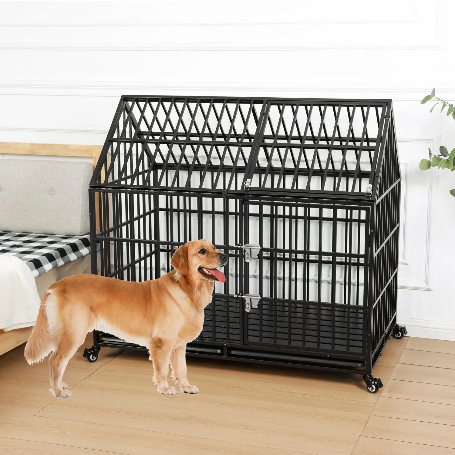 50'' Indestructible Heavy Duty Dog Crate, Escape Proof Strong Steel Impact Pet Cage for Extra Large Giant Dogs, High Anxiety Sound Proof Chewproof Kennel Double Door with Trays and Wheels