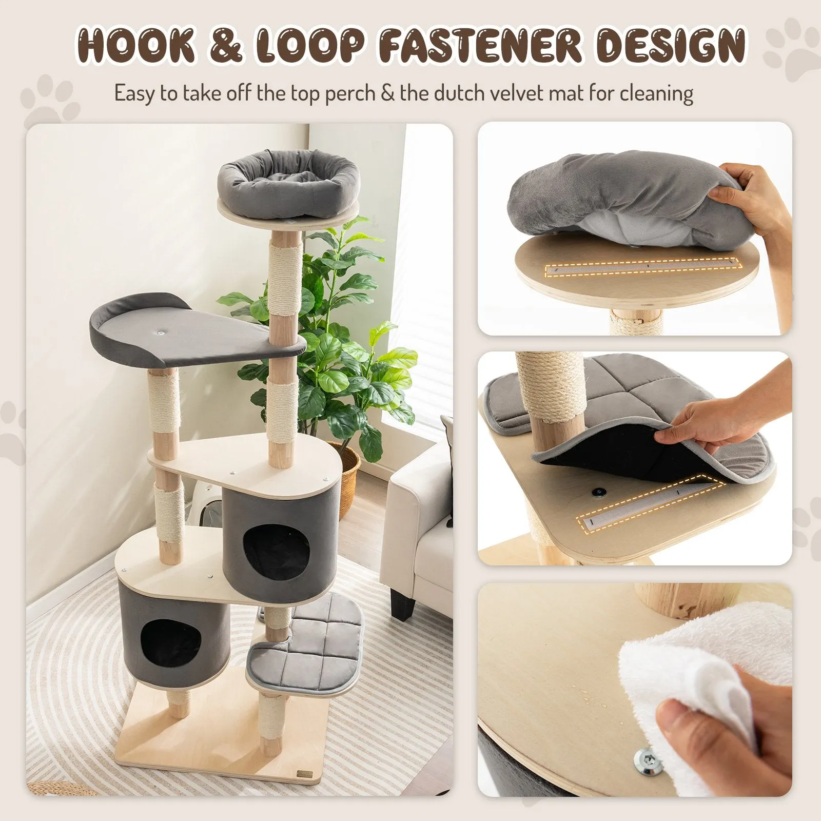 6-Tier Cat Tree Rubber Wood Cat Tower with Sisal Scratching Post-Grey