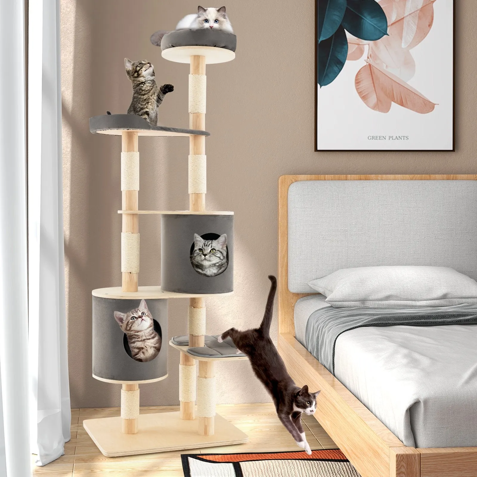 6-Tier Cat Tree Rubber Wood Cat Tower with Sisal Scratching Post-Grey