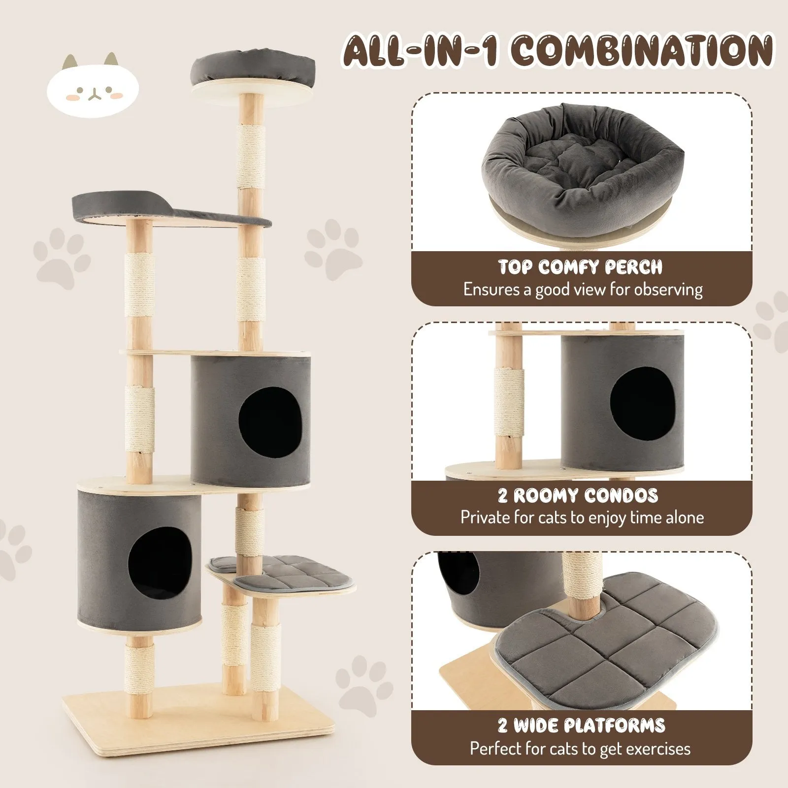 6-Tier Cat Tree Rubber Wood Cat Tower with Sisal Scratching Post-Grey