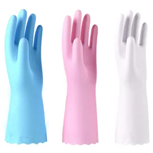Alimat PluS 3 Pack Reusable Cleaning Gloves Latex Free, Dishwashing Gloves with Cotton Flock Liner and Embossed Palm, Waterproof Household Gloves for Laundry, Gardening (Medium) Medium (Pack of 3) Blue pink white