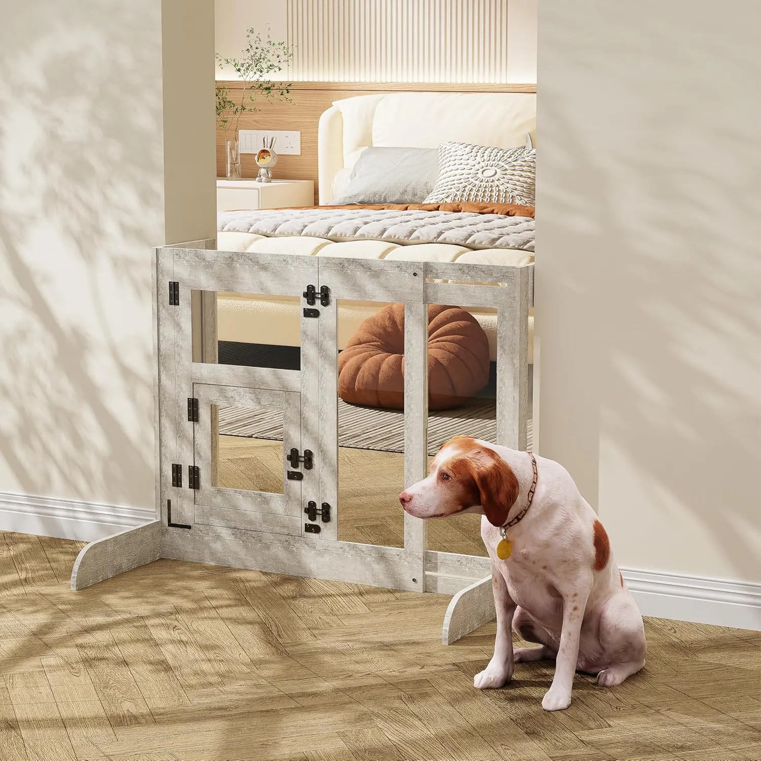 BingoPaw Indoor Large Dog Gate: 32 Tall Wooden Retractable Walk Through Pet Barrier with Cat Door - Free Standing Dogs Blocker Made by Tempered Glass Adjustable 31-40 Inches Wide for Doorways Hallway