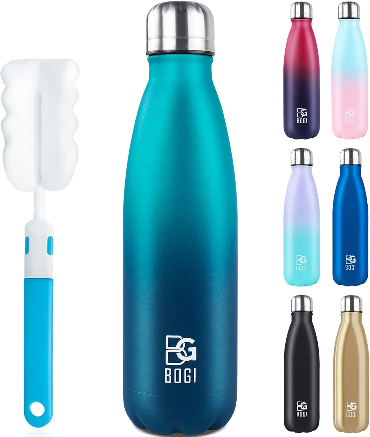 BOGI Insulated Water Bottle, 17oz Stainless Steel Water Bottles, Leak Proof Sports Metal Water Bottles Keep Cold for 24 Hours and Hot for 12 Hours BPA Free kids water bottle for School (Blue DBlue)