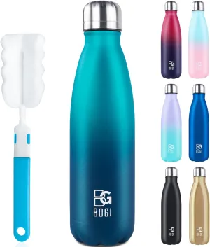 BOGI Insulated Water Bottle, 17oz Stainless Steel Water Bottles, Leak Proof Sports Metal Water Bottles Keep Cold for 24 Hours and Hot for 12 Hours BPA Free kids water bottle for School (Blue DBlue)