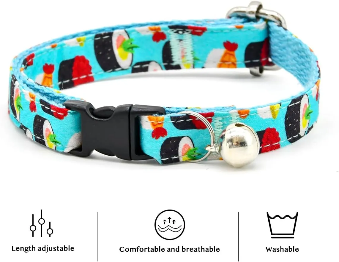 Cat Collar, Sushi Foodie, Safety Breakaway Blue Cat Collars, Cute Cat Outfits, XX-Small
