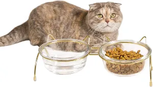 Cat Food and Water Bowls Set, Raised Cat Bowls for Food and Water, Elevated Pet Glass Bowls with Stand, 17 oz Cats and Dogs Bowl, Dishwasher Safe