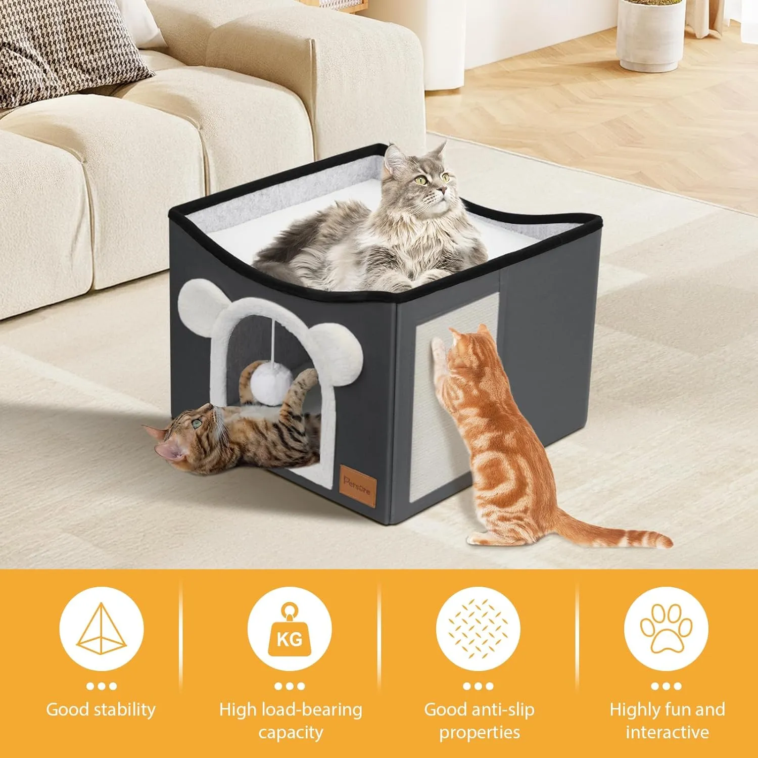 Cat House Cat Beds for Indoor Cats Large Foldable Multifunction Cat Cave for Pet with Hover Ball and Scratching Board(Dark Grey, Large Cat House)