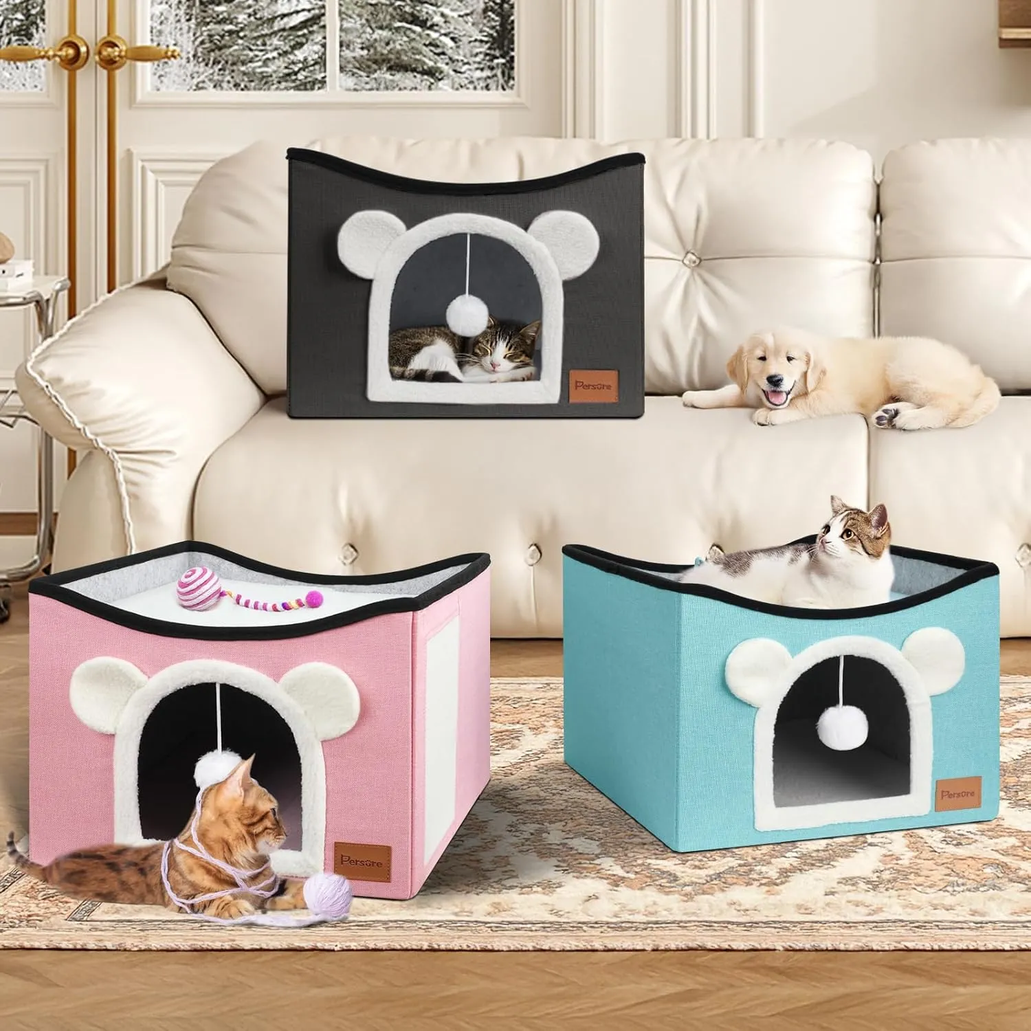 Cat House Cat Beds for Indoor Cats Large Foldable Multifunction Cat Cave for Pet with Hover Ball and Scratching Board(Dark Grey, Large Cat House)