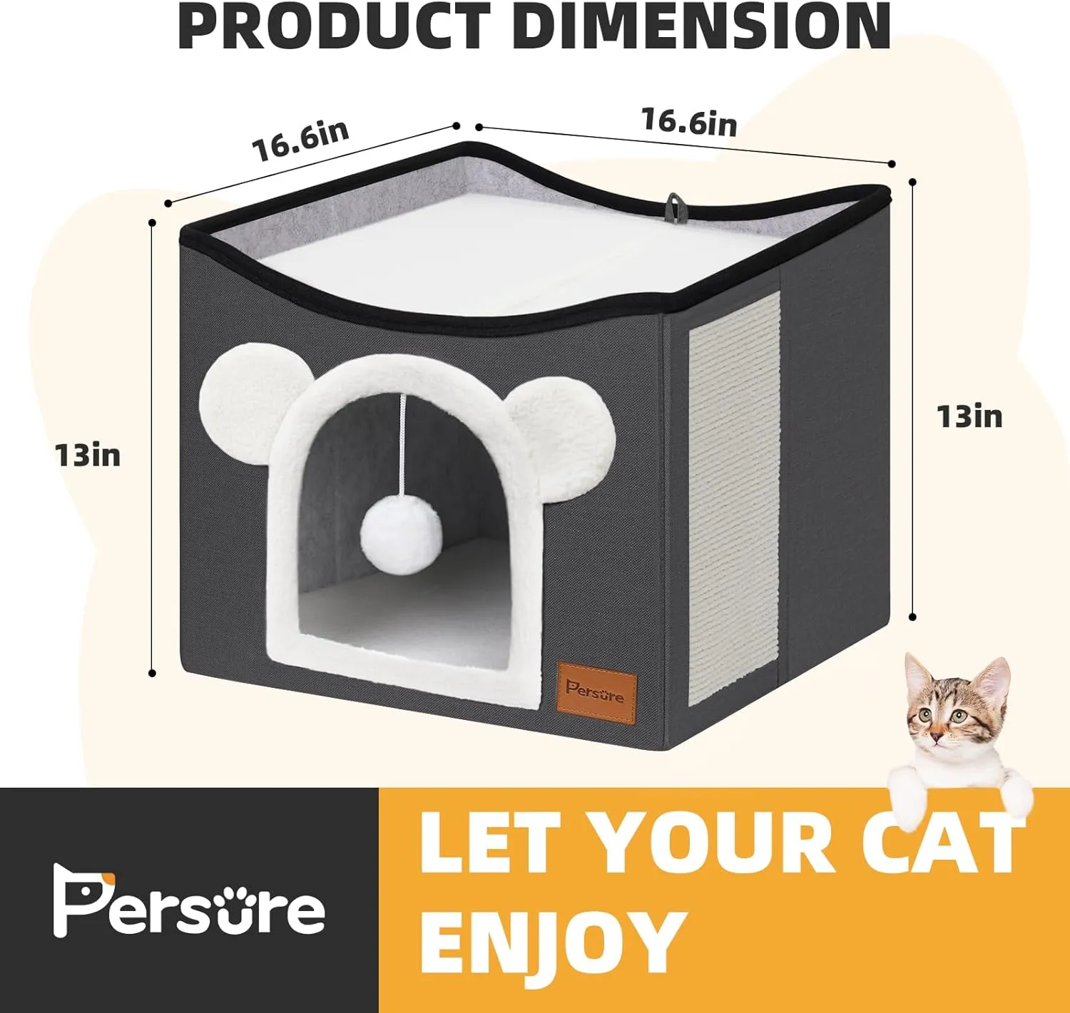 Cat House Cat Beds for Indoor Cats Large Foldable Multifunction Cat Cave for Pet with Hover Ball and Scratching Board(Dark Grey, Large Cat House)