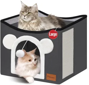Cat House Cat Beds for Indoor Cats Large Foldable Multifunction Cat Cave for Pet with Hover Ball and Scratching Board(Dark Grey, Large Cat House)