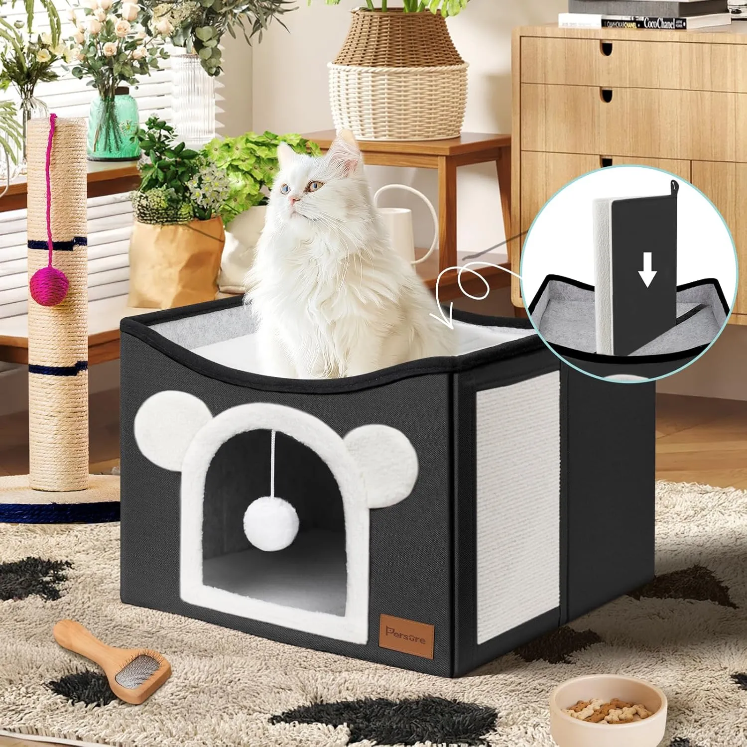 Cat House Cat Beds for Indoor Cats Large Foldable Multifunction Cat Cave for Pet with Hover Ball and Scratching Board(Dark Grey, Large Cat House)