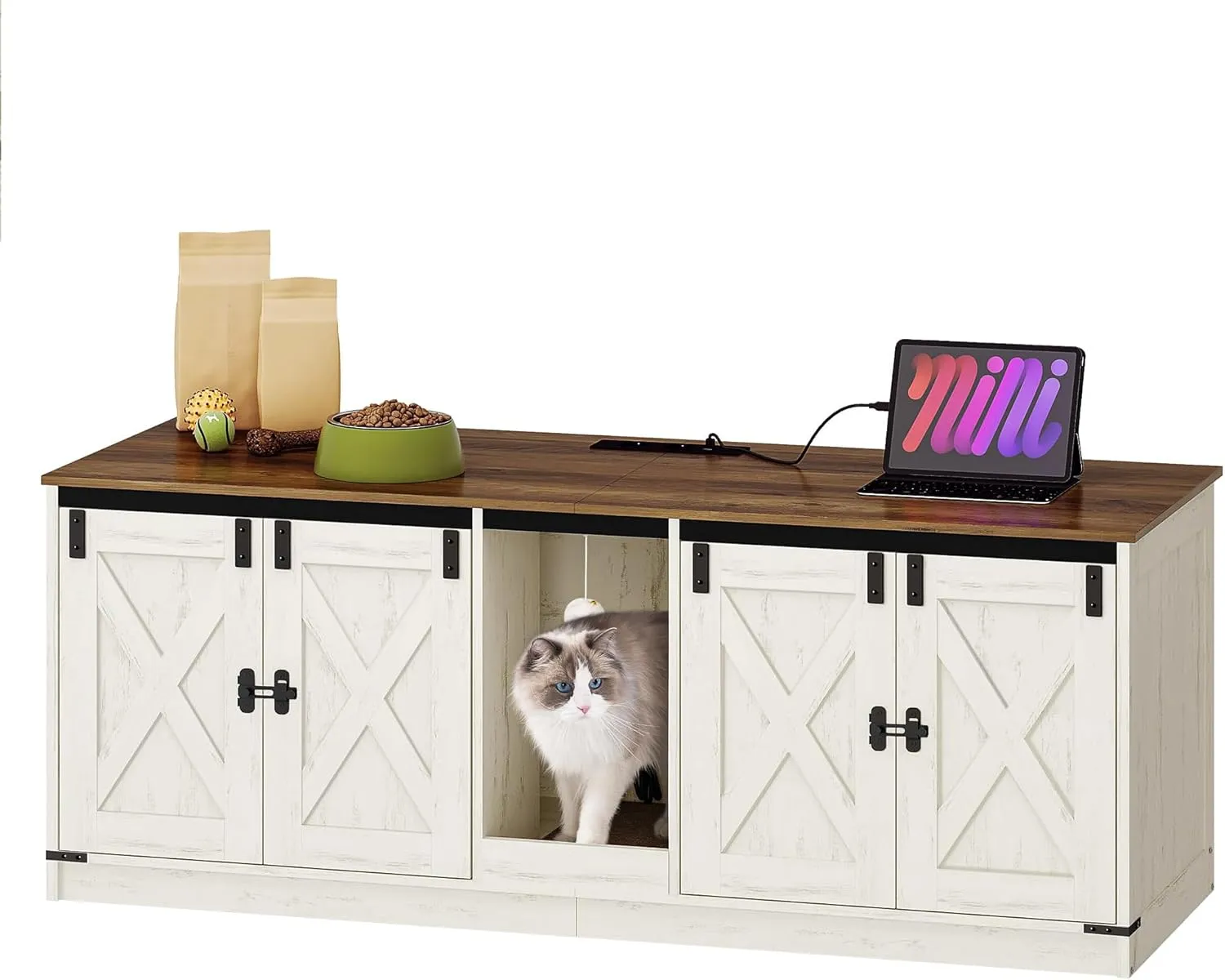 Cat Litter Box Enclosure for 2 Cats, Hidden Litter Box Furniture Cabinet with Double Room, Indoor Cats House with USB Ports & Power Outlets, Farmhouse Style, Rustic Brown and White CB82514XV1