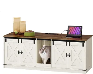Cat Litter Box Enclosure for 2 Cats, Hidden Litter Box Furniture Cabinet with Double Room, Indoor Cats House with USB Ports & Power Outlets, Farmhouse Style, Rustic Brown and White CB82514XV1