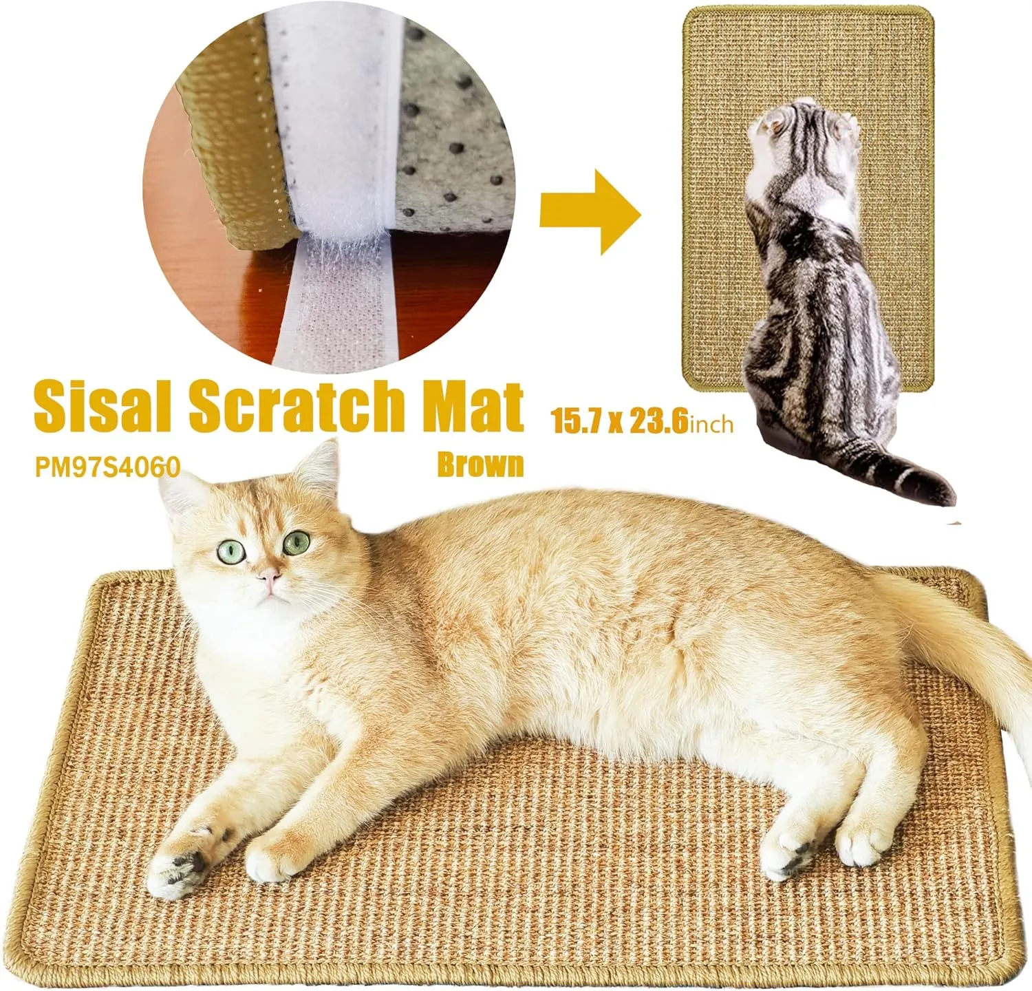 Cat Scratcher Mat, 23.6 x 15.7inch,Natural Sisal Cat Scratchers for Indoor Cats with Velcro Tapes,Cat Scratching Pad Rug,Horizontal Cat Scratching Mat Protect Furniture and Sofas (Brown)