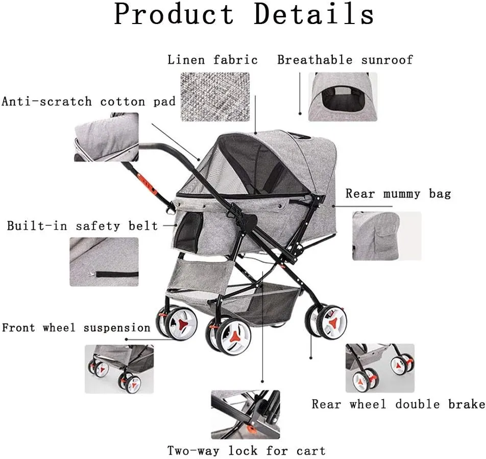 Cat/Dog Stroller Easy One-Hand Fold 4 Wheel Dog Strollers for Medium Small Dogs Reversible Push Handle Pet Stroller Puppy & Kitten Carrier Extended Cockpit (Black) (Blue)
