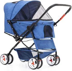 Cat/Dog Stroller Easy One-Hand Fold 4 Wheel Dog Strollers for Medium Small Dogs Reversible Push Handle Pet Stroller Puppy & Kitten Carrier Extended Cockpit (Black) (Blue)