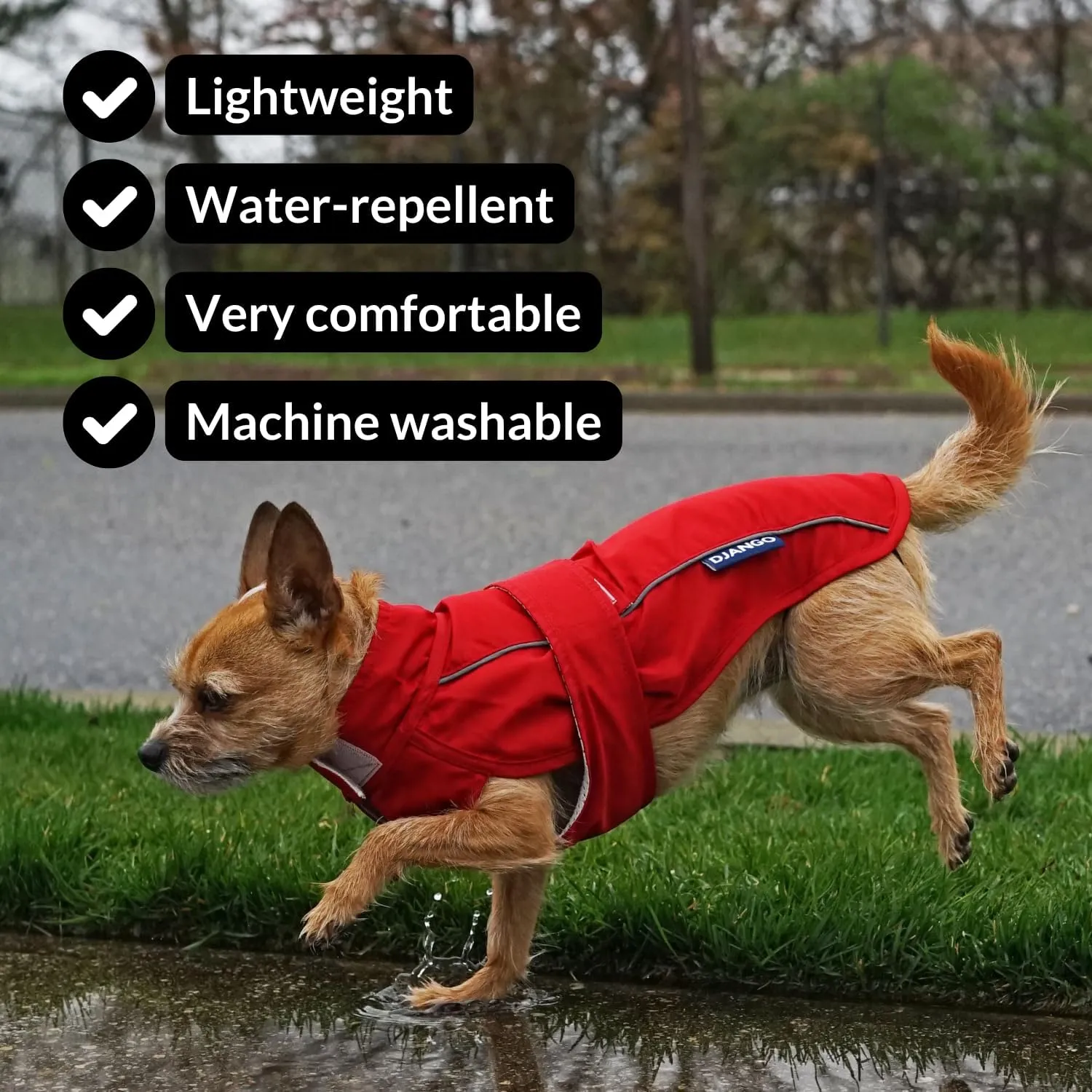 DJANGO City Slicker Waterproof Dog Raincoat and Lightweight Jacket for Long Dogs - Full Coverage Puppy Coat and Reflective Rain Slicker and Windbreaker - Adjustable with Harness Hole (Red, Large)