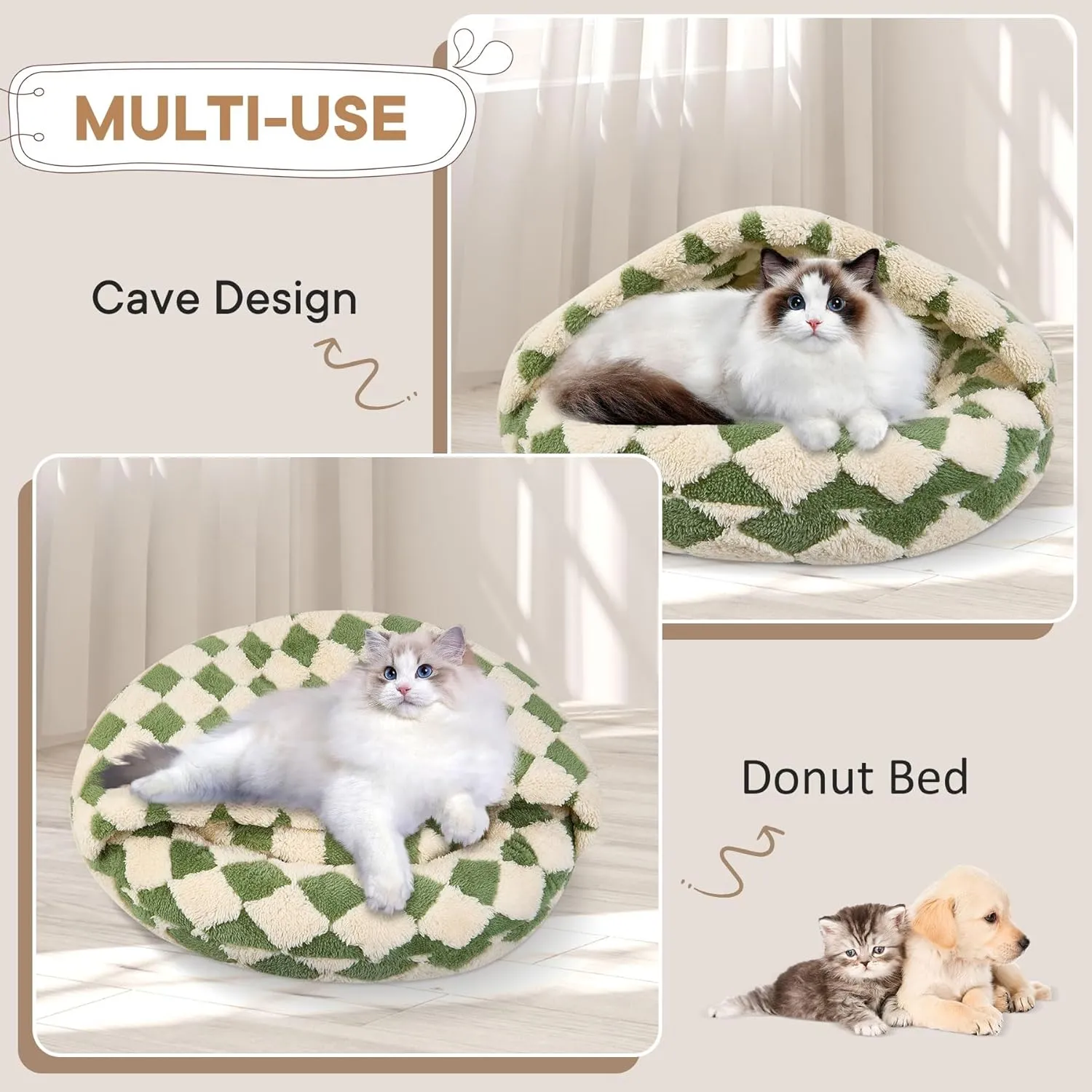 Dog Beds for Small Dogs, Cat Bed Cave, Washable Cute Cat Bed, Cozy Nook Pet Bed for Dogs or Cats, Anti-Slip Puppy Bed Fits up to 22 lbs Pets(Green, 24" x 24")
