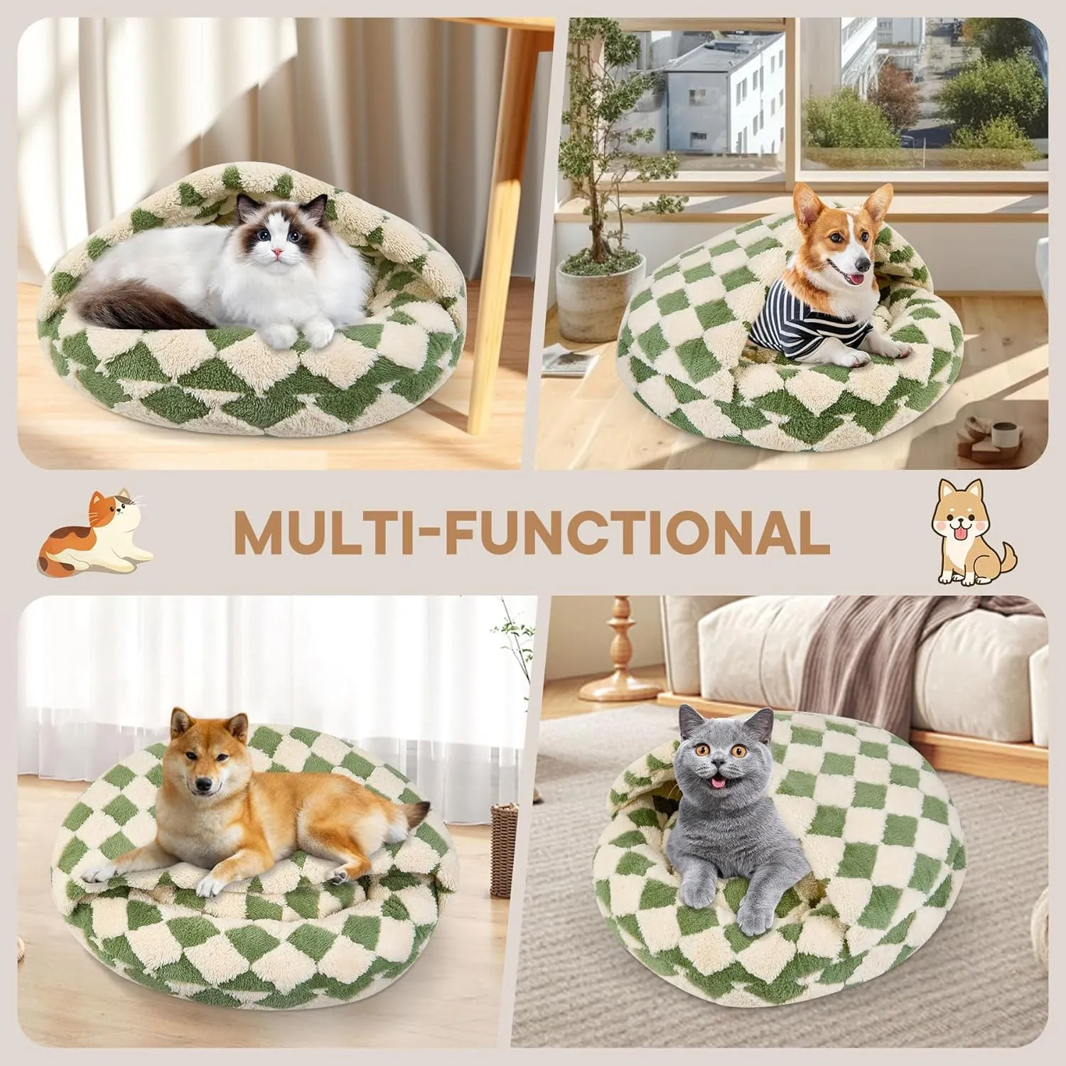 Dog Beds for Small Dogs, Cat Bed Cave, Washable Cute Cat Bed, Cozy Nook Pet Bed for Dogs or Cats, Anti-Slip Puppy Bed Fits up to 22 lbs Pets(Green, 24" x 24")