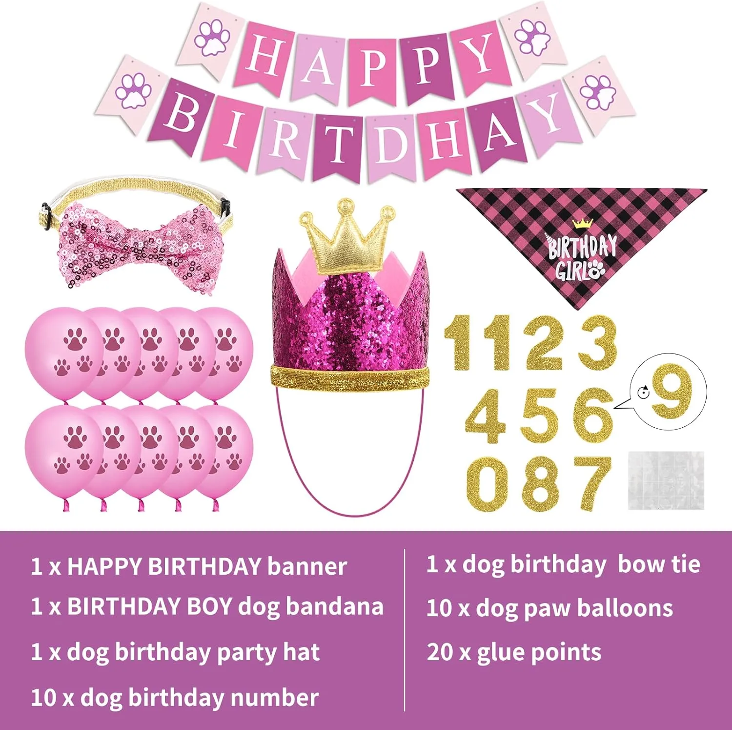 Dog Birthday Party Supplies, Dog Birthday Hat Bandana Scarf with Cute Bow Tie, Flag, Balloons for Small Medium Dogs Pets, Doggie Party Supplies Decorations