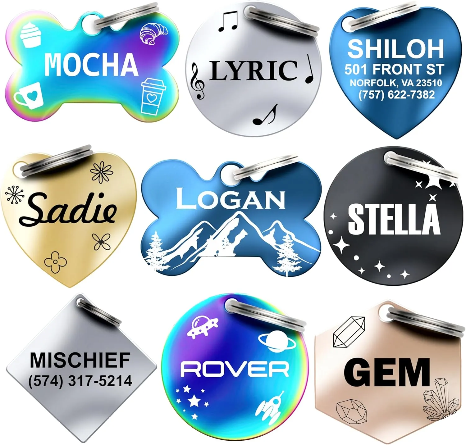 Dr. Fremont's Stainless Steel Custom Pet ID Personalized Engraved Identification Cat and Dog Tags with Custom Text, Many Shapes Including Bone, Heart, Circle (Rainbow Stainless Steel, Large Bone)