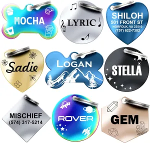 Dr. Fremont's Stainless Steel Custom Pet ID Personalized Engraved Identification Cat and Dog Tags with Custom Text, Many Shapes Including Bone, Heart, Circle (Rainbow Stainless Steel, Large Bone)