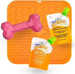 Durable Dog Chew Toy for Treats and Dog Peanut Butter, All Natural Rubber chew Bone (S, Hot Pink), Rubber Lick mat and 2 1.4oz Peanut Butter Squeeze Dog Peanut Butter Treat Pouches