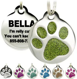 Engraved Pet Tag for Dogs & Cats - Personalized with 4 Lines of Custom Engraved ID, Round Paw Print Stainless Steel Enameled in 6 colors: Ocean Blue, Aquamarine, Deep Pink, Magenta, Pale Green, Amber