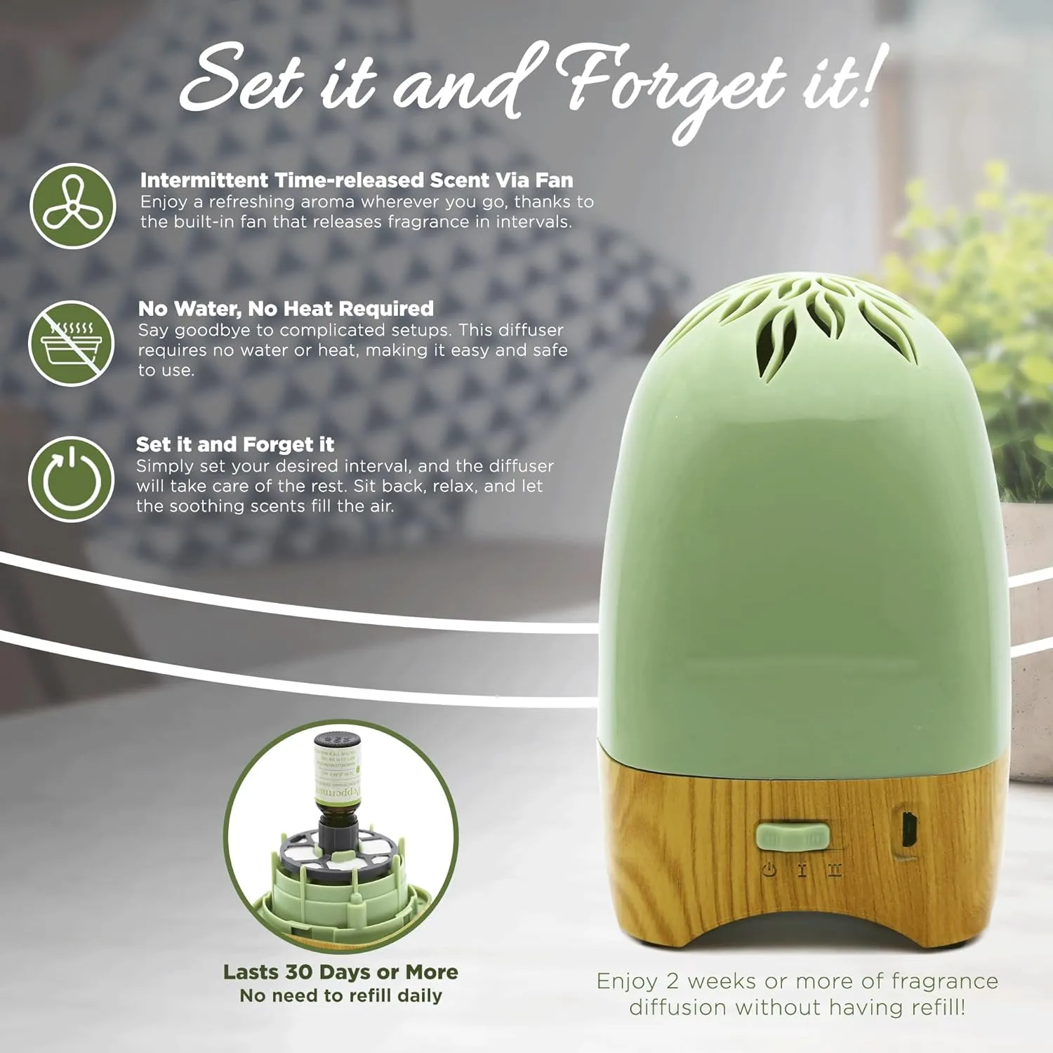 Essential Breeze Aromatherapy Fan Essential Oil Diffuser - Portable Heatless & Waterless Scent Diffuser, USB/Battery Operated, Time-Released Fragrance for Home, Car, Office - Sage Green