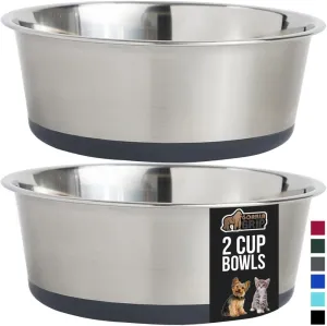GORILLA GRIP Set of 2 Dog Bowls, Heavy Duty Metal Food and Water Bowl for Feeding Dogs and Cats, Dishwasher Safe, Rust Resistant Stainless Steel, BPA Free Rubber Base, Holds 2 Cups (16 fl oz), Gray