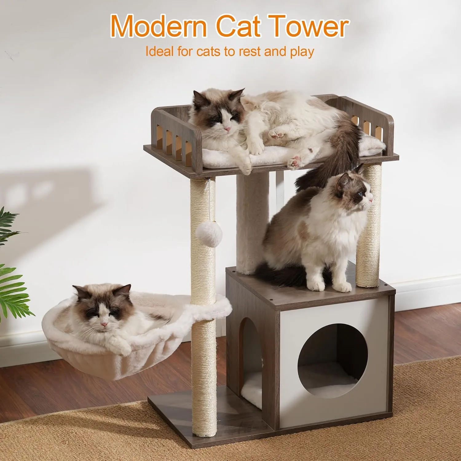 Heybly Modern Cat Tree, Wooden Cat Tower with 3 Scratching Posts, Cat Condo for Indoor Cats with Wood Cat Cave, Plush Perch, Basket, Pompom, Rustic Gray HCT007SSG