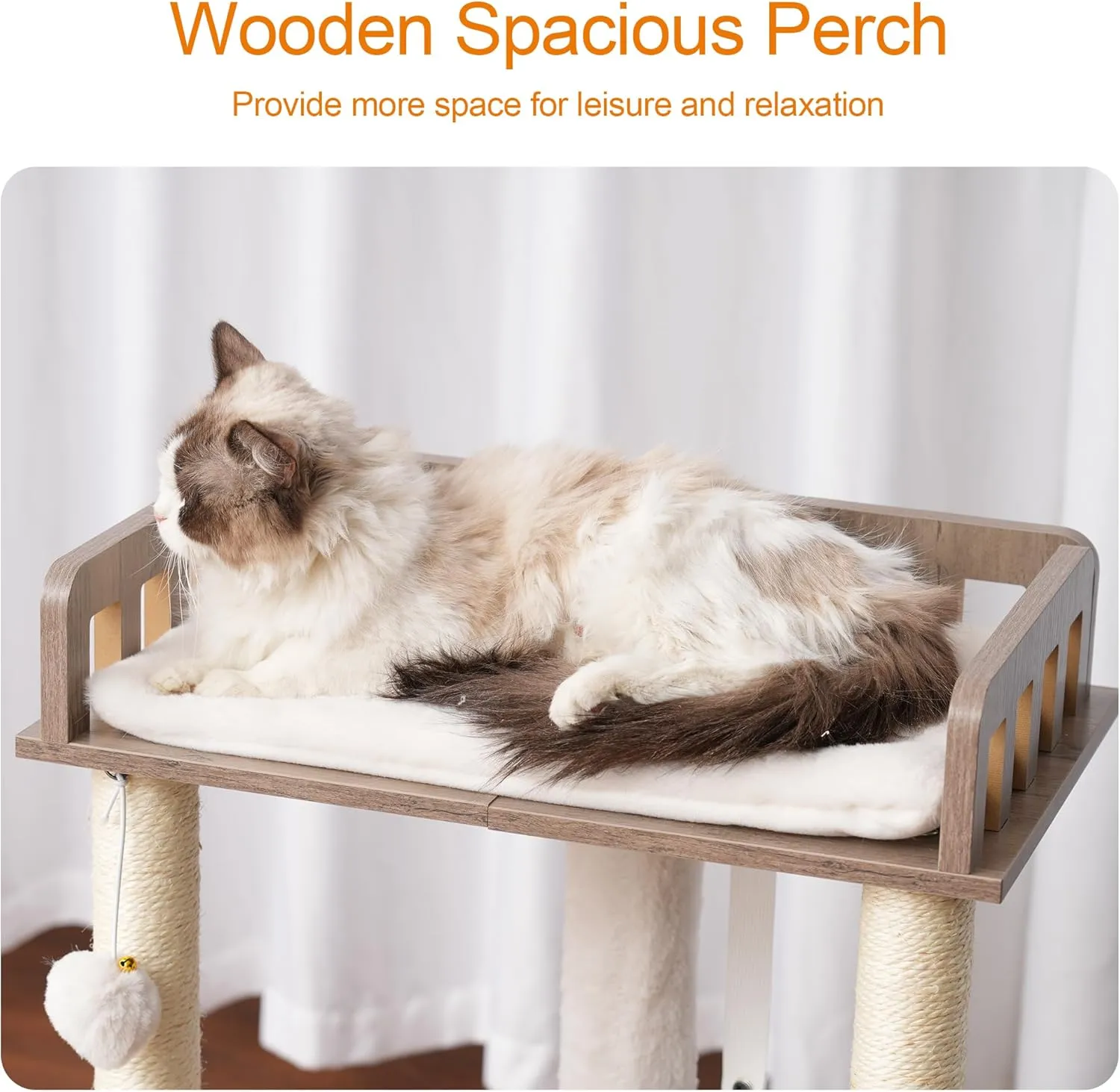 Heybly Modern Cat Tree, Wooden Cat Tower with 3 Scratching Posts, Cat Condo for Indoor Cats with Wood Cat Cave, Plush Perch, Basket, Pompom, Rustic Gray HCT007SSG