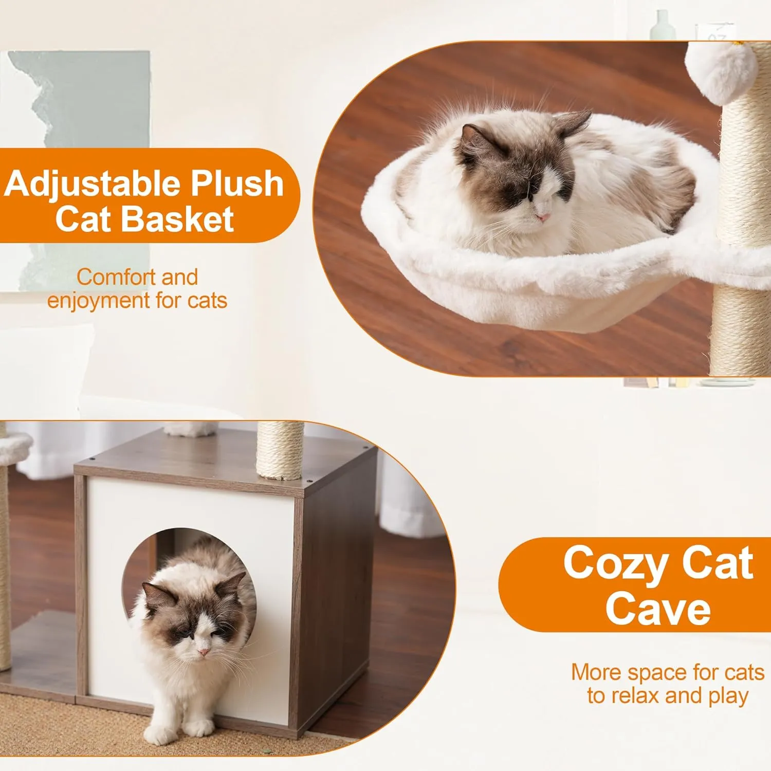 Heybly Modern Cat Tree, Wooden Cat Tower with 3 Scratching Posts, Cat Condo for Indoor Cats with Wood Cat Cave, Plush Perch, Basket, Pompom, Rustic Gray HCT007SSG