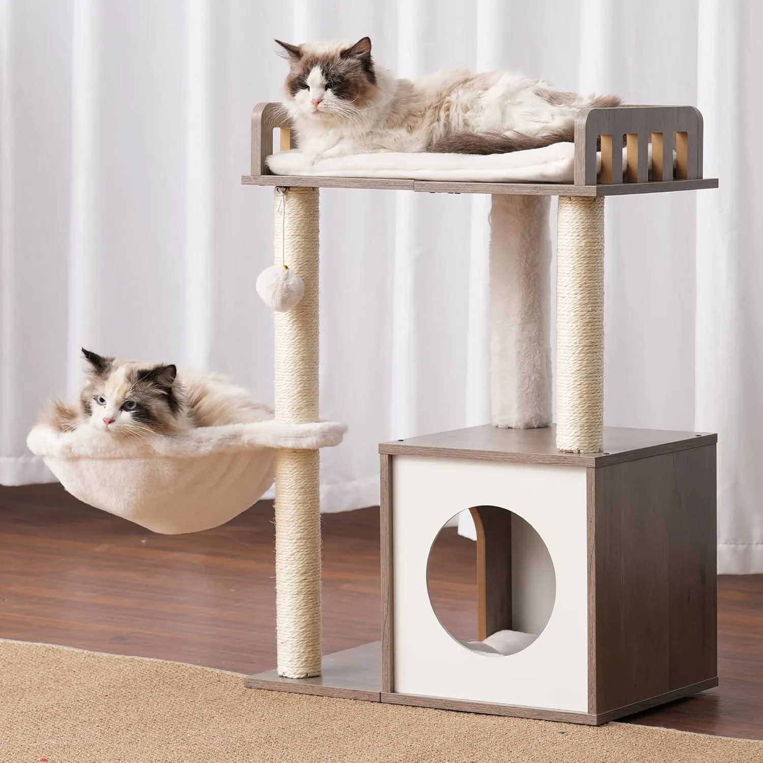 Heybly Modern Cat Tree, Wooden Cat Tower with 3 Scratching Posts, Cat Condo for Indoor Cats with Wood Cat Cave, Plush Perch, Basket, Pompom, Rustic Gray HCT007SSG