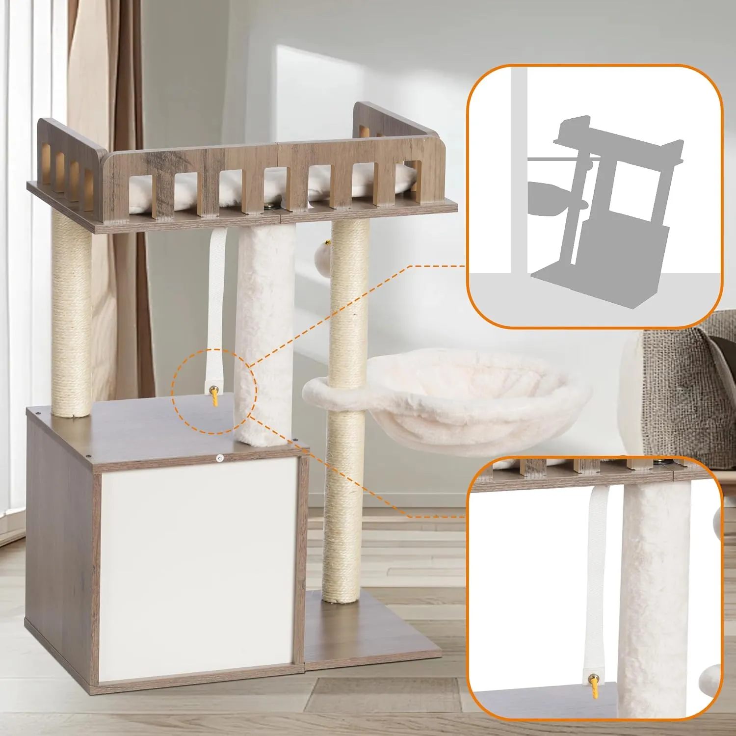 Heybly Modern Cat Tree, Wooden Cat Tower with 3 Scratching Posts, Cat Condo for Indoor Cats with Wood Cat Cave, Plush Perch, Basket, Pompom, Rustic Gray HCT007SSG