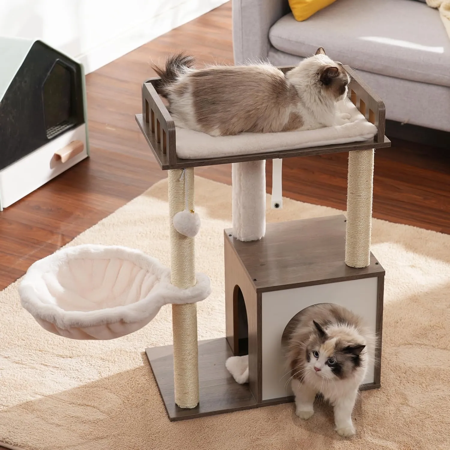 Heybly Modern Cat Tree, Wooden Cat Tower with 3 Scratching Posts, Cat Condo for Indoor Cats with Wood Cat Cave, Plush Perch, Basket, Pompom, Rustic Gray HCT007SSG