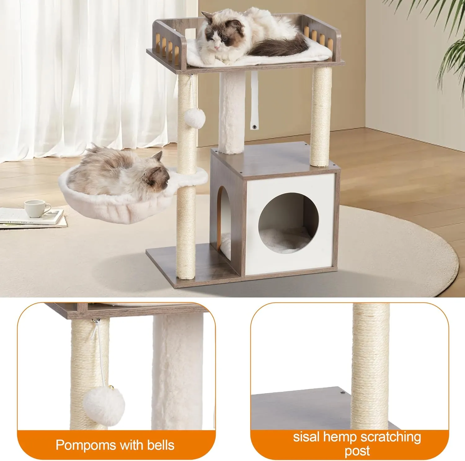 Heybly Modern Cat Tree, Wooden Cat Tower with 3 Scratching Posts, Cat Condo for Indoor Cats with Wood Cat Cave, Plush Perch, Basket, Pompom, Rustic Gray HCT007SSG